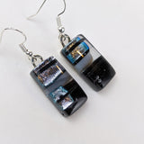 Black Silver White Dangle, Fused Glass Drop Earrings