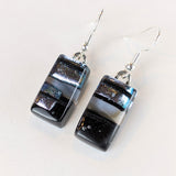 Black Silver White Dangle, Fused Glass Drop Earrings