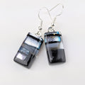 Black Silver White Dangle, Fused Glass Drop Earrings