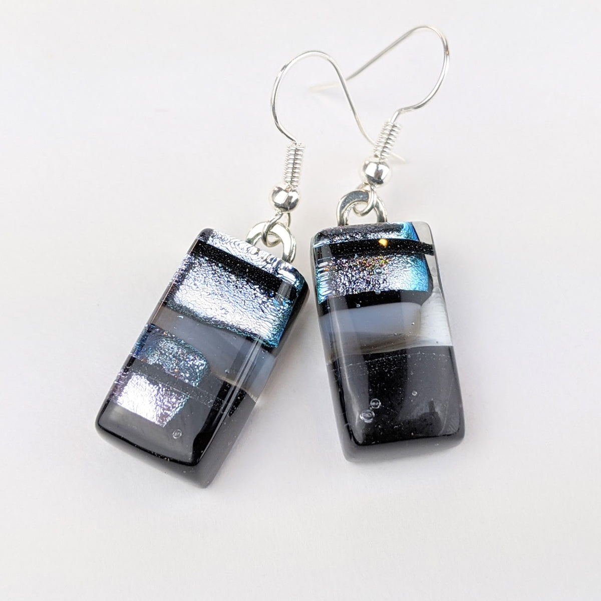 Black Silver White Dangle, Fused Glass Drop Earrings