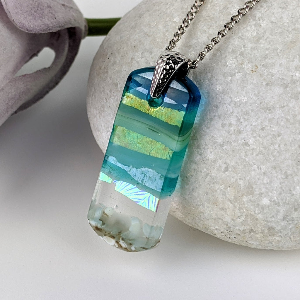 Aqua Green Shimmer Fused Dichroic Glass Aquascape Necklace