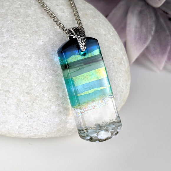 Aqua Green Shimmer Fused Dichroic Glass Aquascape Necklace