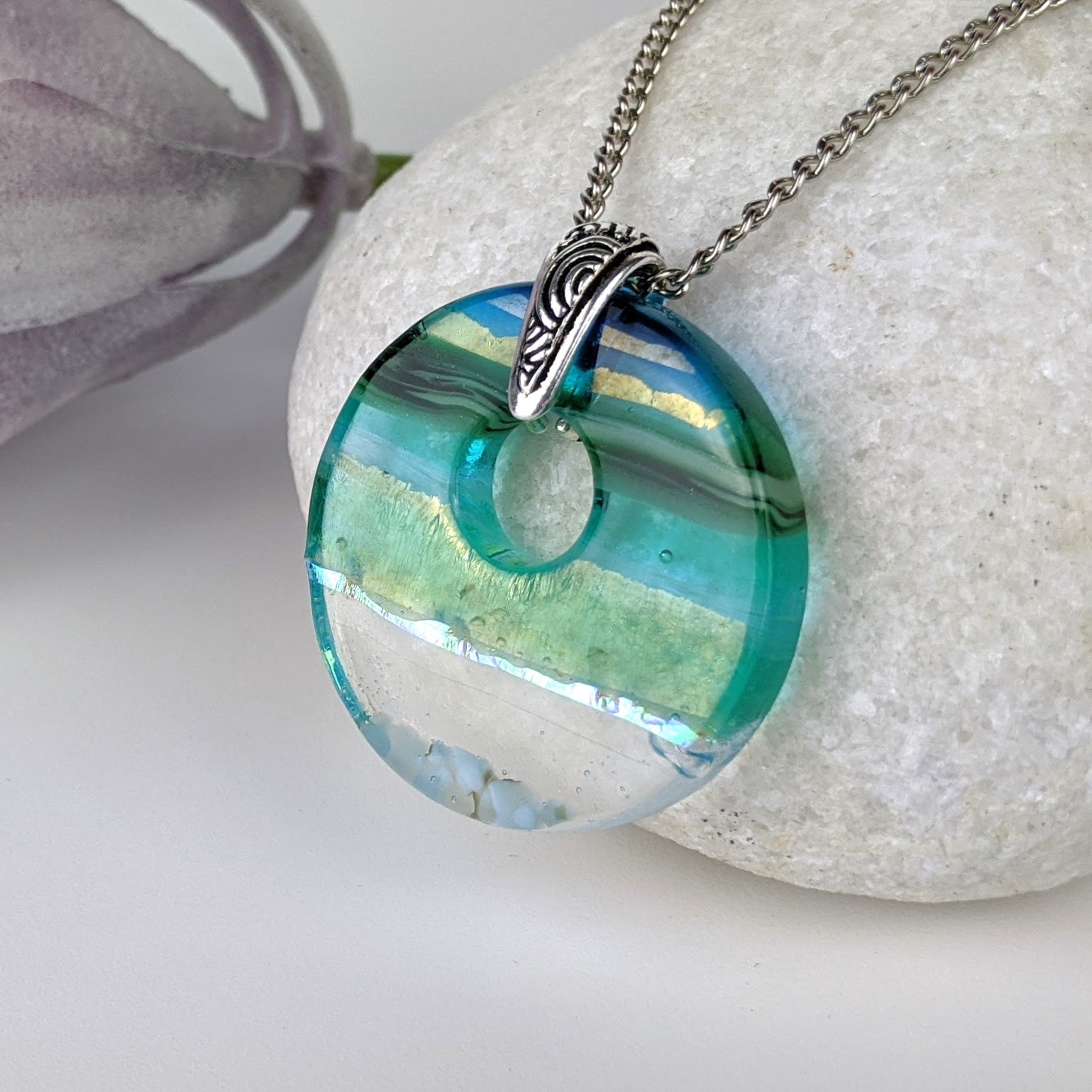 Aqua Green Shimmer Fused Dichroic Glass Aquascape Round Necklace