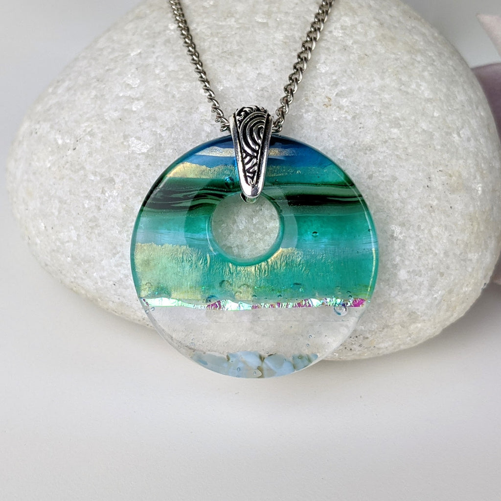 Aqua Green Shimmer Fused Dichroic Glass Aquascape Round Necklace
