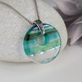 Aqua Green Shimmer Fused Dichroic Glass Aquascape Round Necklace