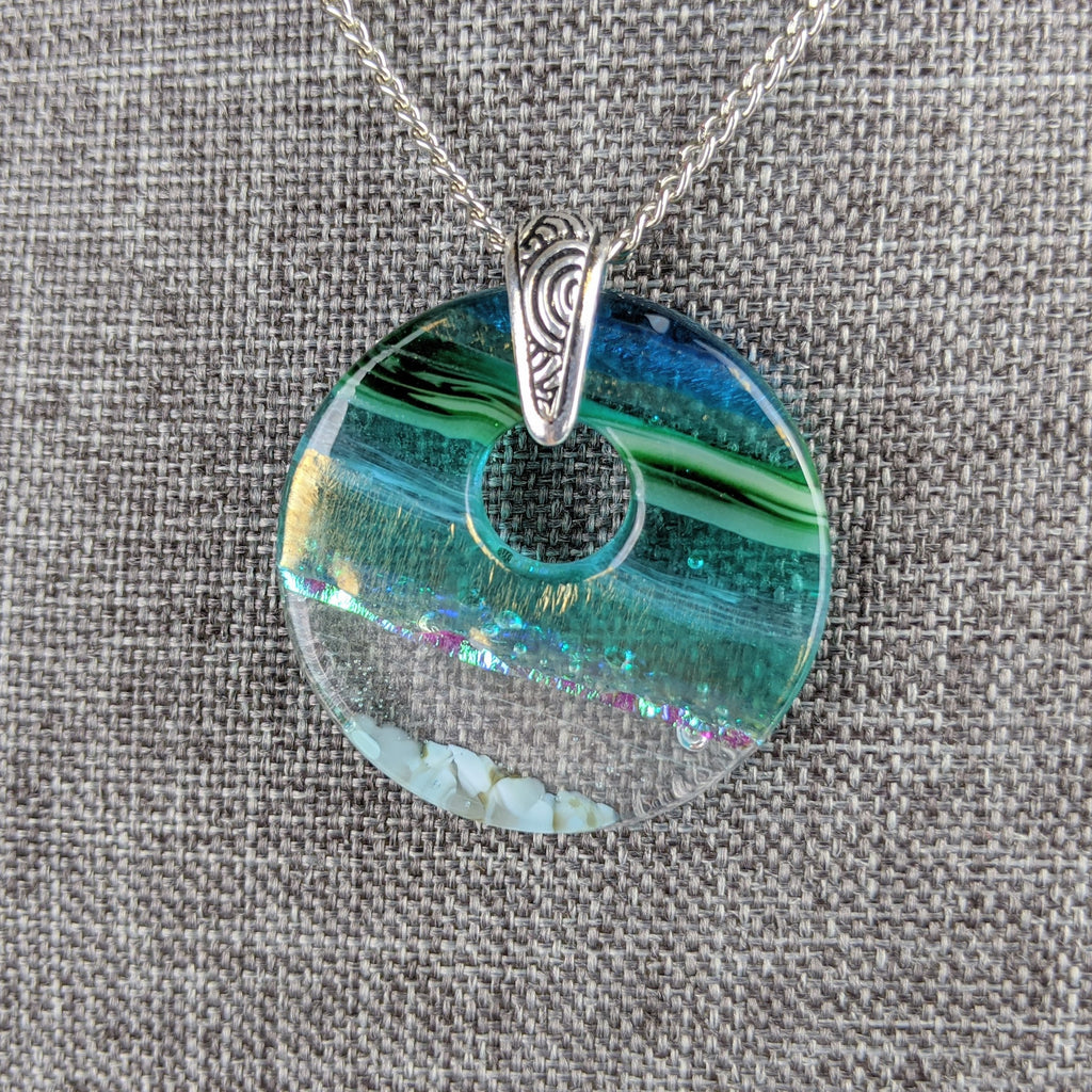 Aqua Green Shimmer Fused Dichroic Glass Aquascape Round Necklace