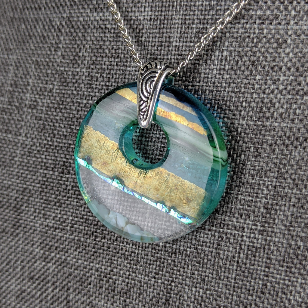 Aqua Green Shimmer Fused Dichroic Glass Aquascape Round Necklace