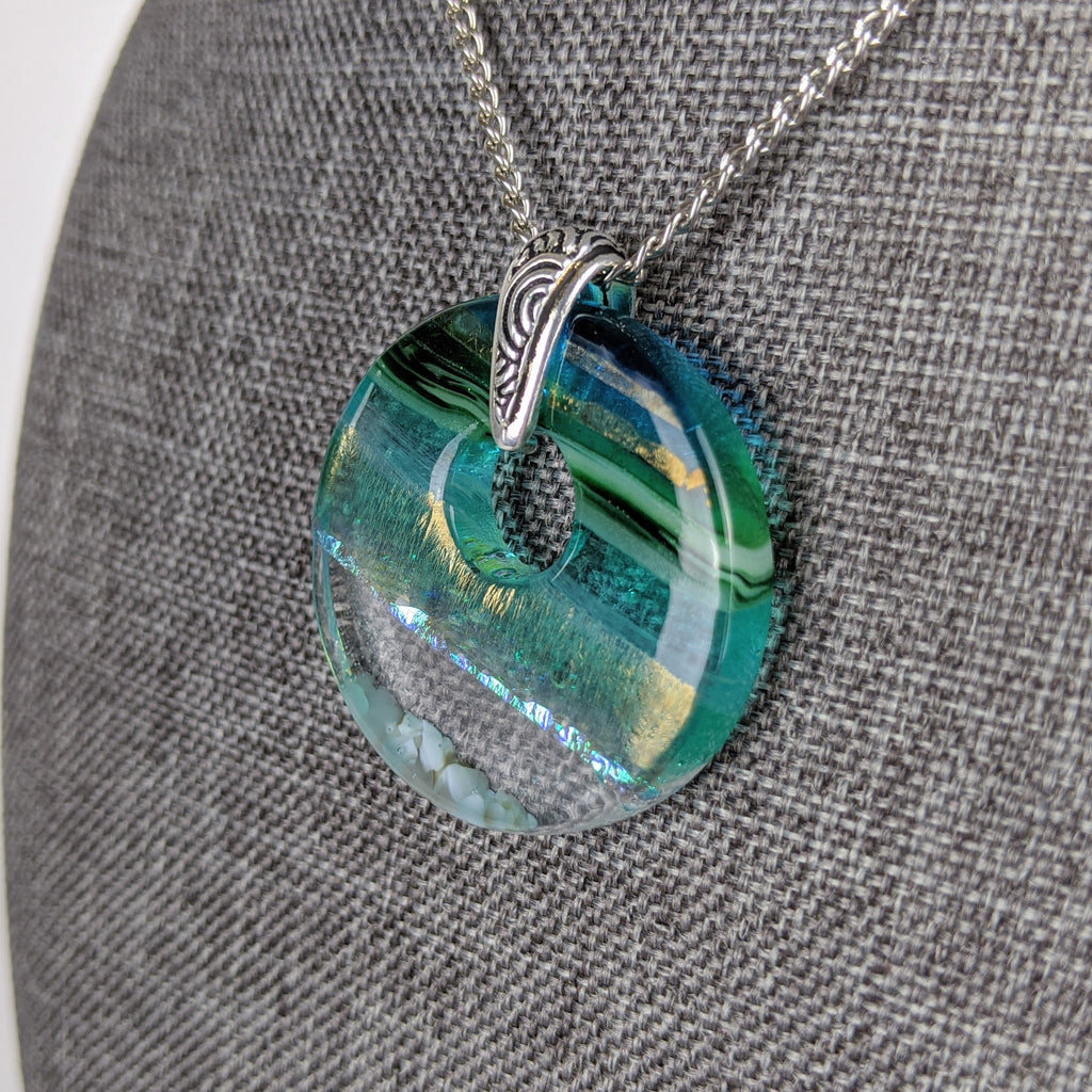 Aqua Green Shimmer Fused Dichroic Glass Aquascape Round Necklace