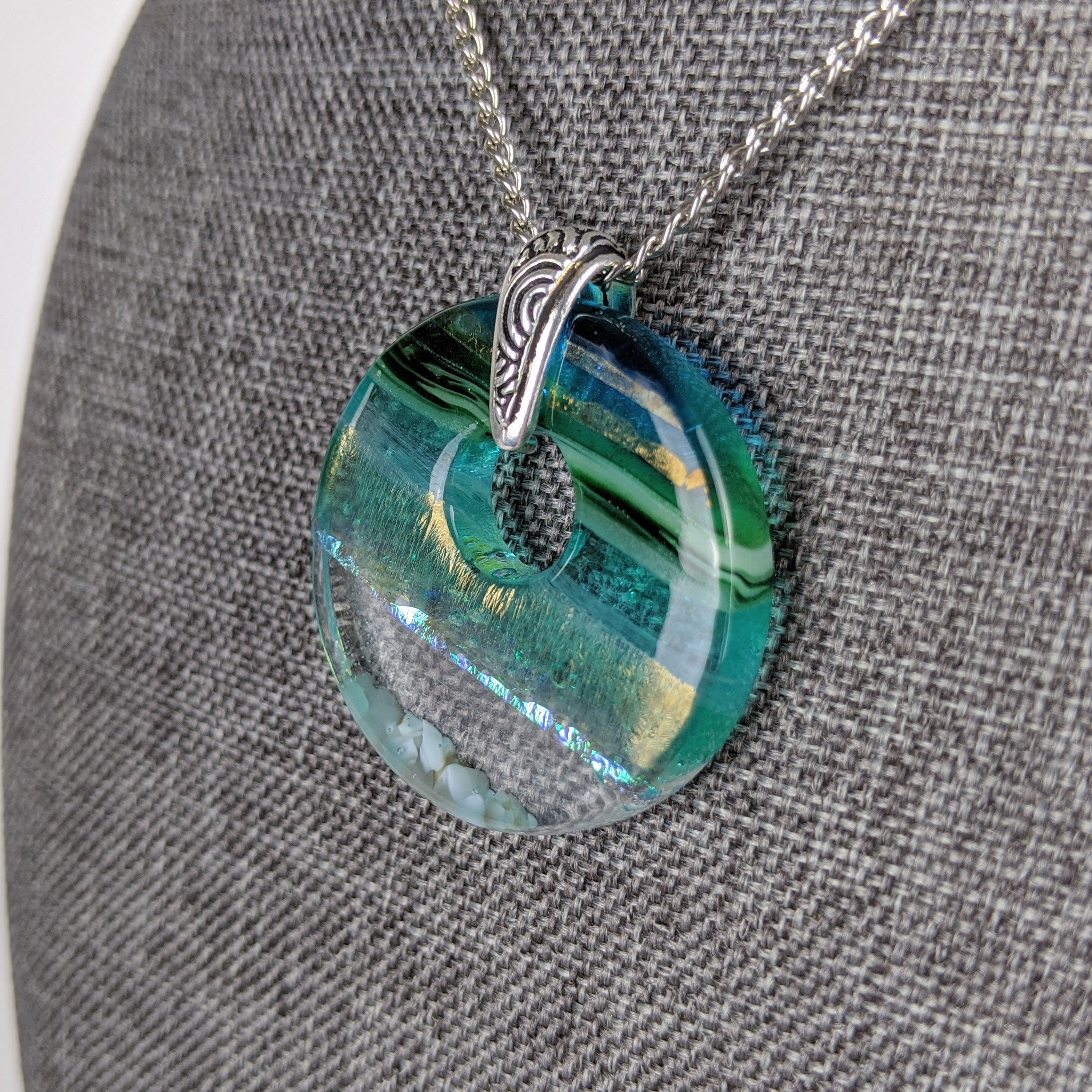 Aqua Green Shimmer Fused Dichroic Glass Aquascape Round Necklace