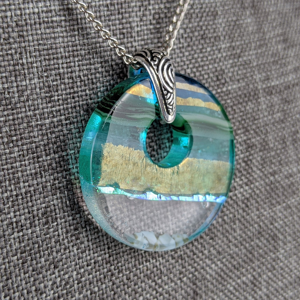 Aqua Green Shimmer Fused Dichroic Glass Aquascape Round Necklace