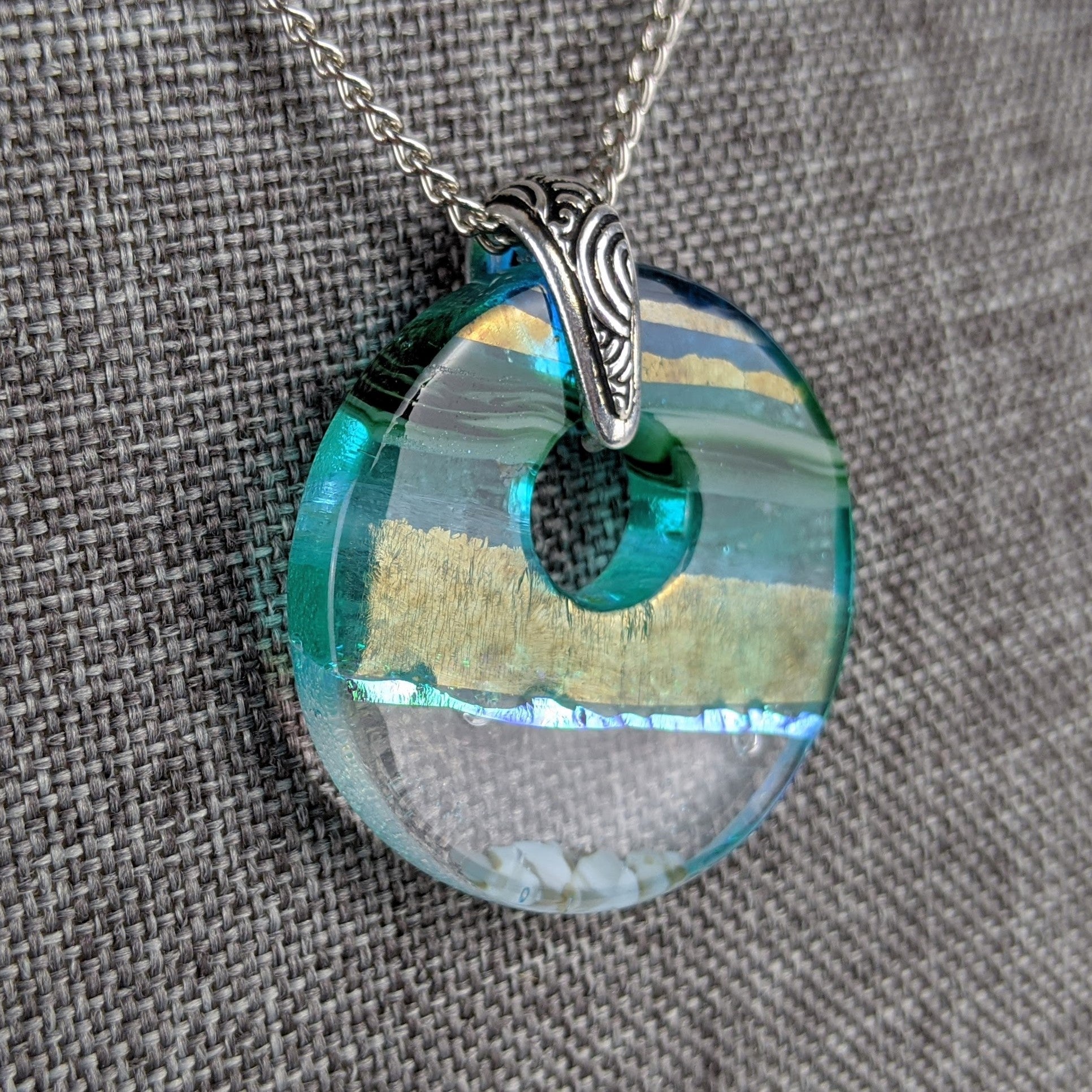 Aqua Green Shimmer Fused Dichroic Glass Aquascape Round Necklace