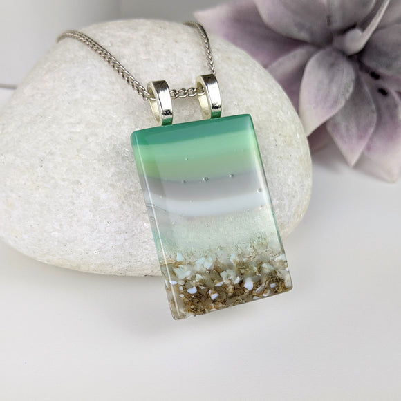 Jade Green Mint Gray Seascape, Handmade Dichroic Fused Glass Beach Pendant Necklace