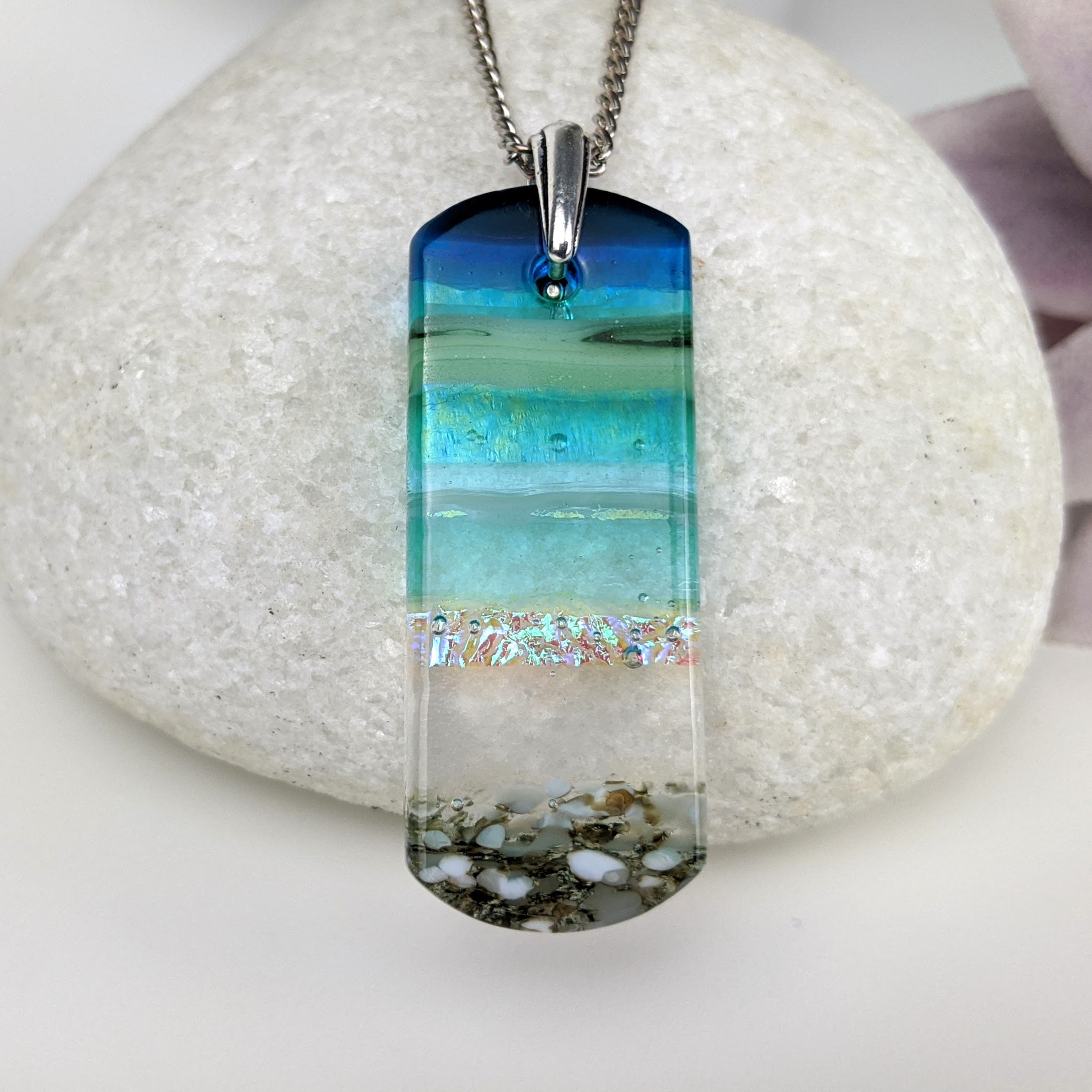 Aqua Green Shimmer Fused Dichroic Glass Aquascape Necklace