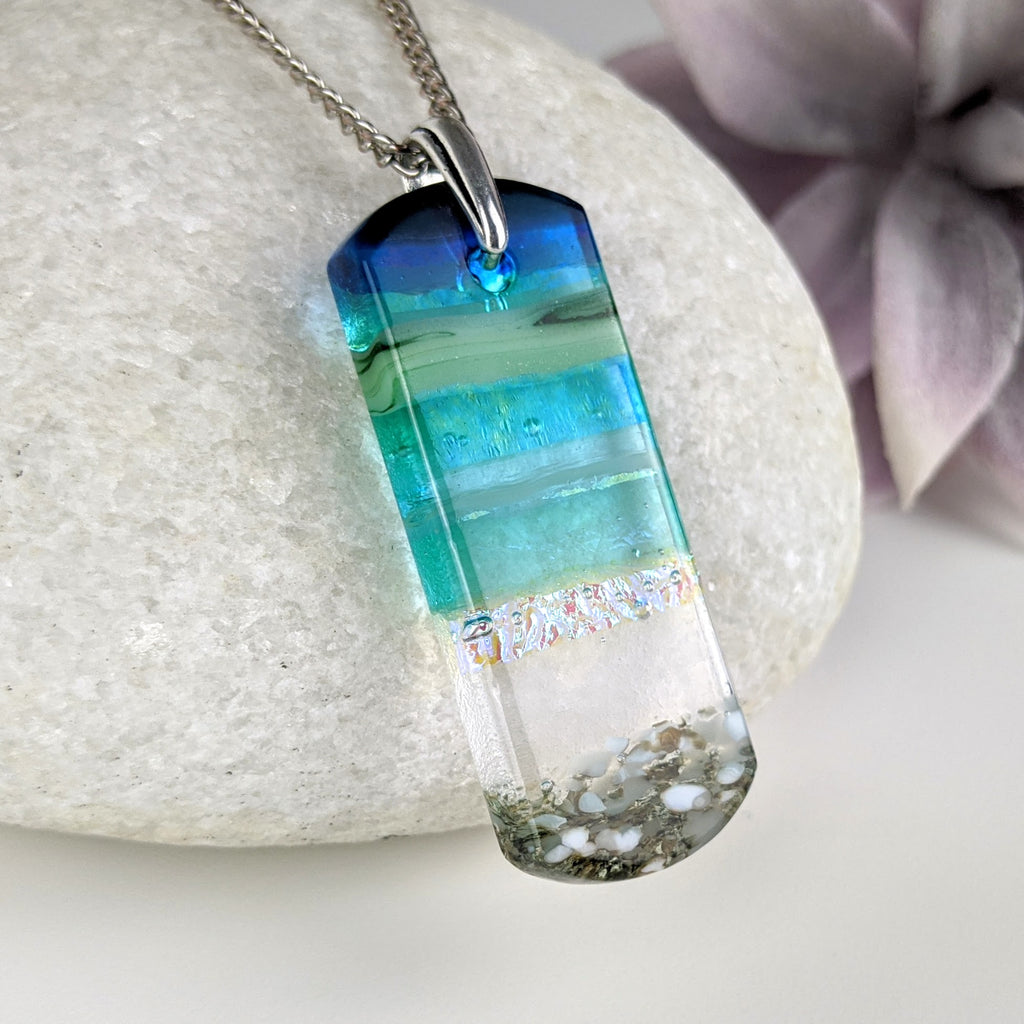 Aqua Green Shimmer Fused Dichroic Glass Aquascape Necklace