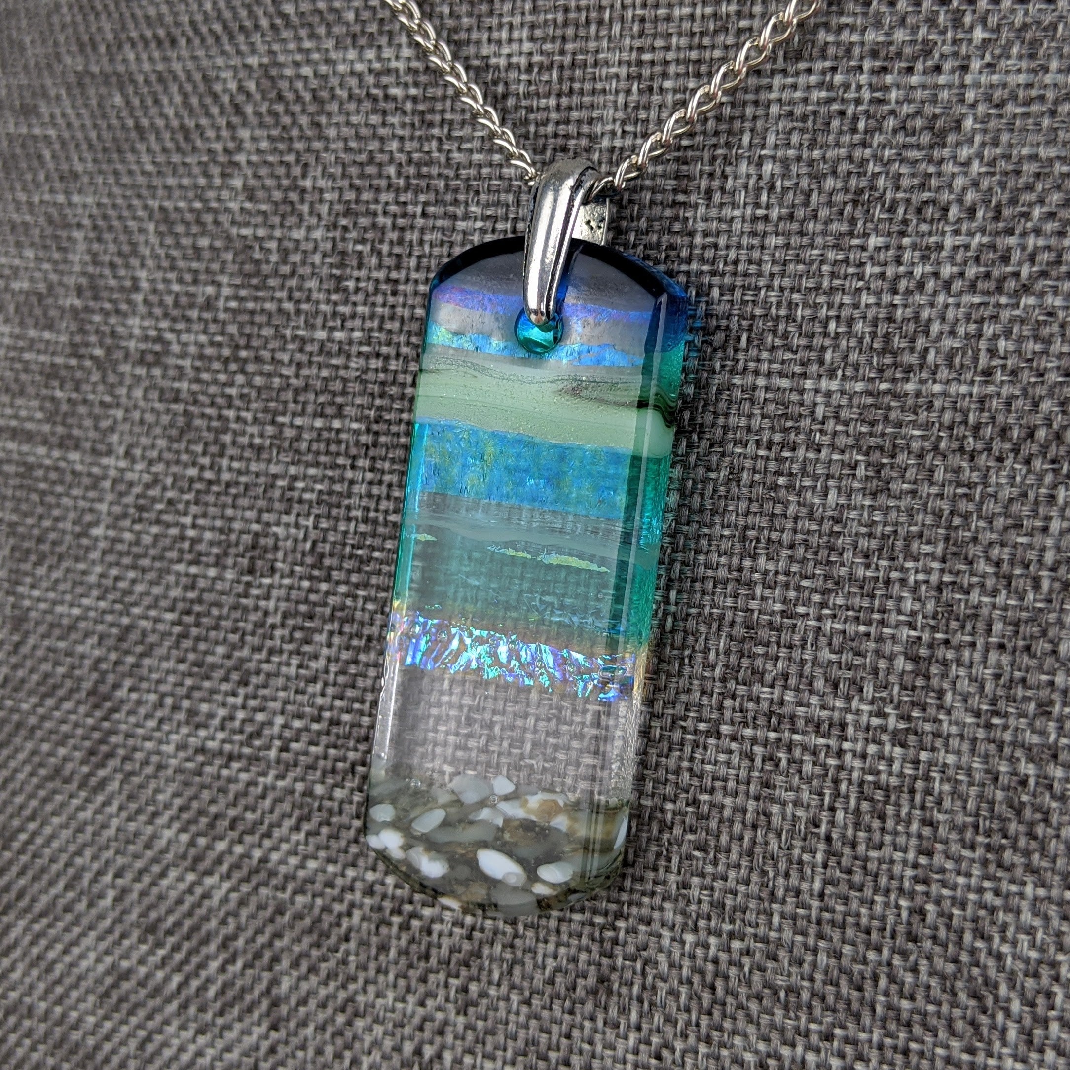 Aqua Green Shimmer Fused Dichroic Glass Aquascape Necklace