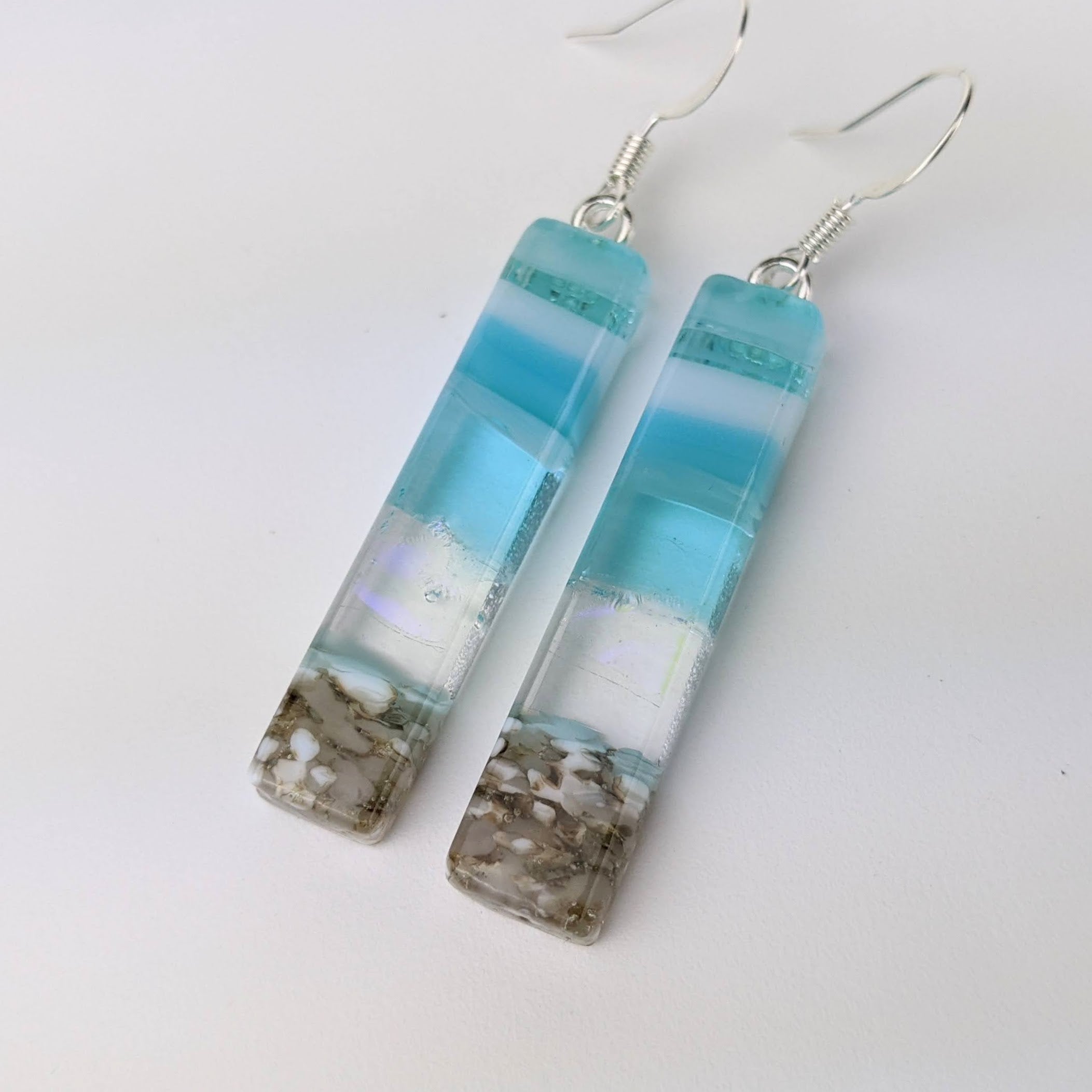 Light Sky Blue Shimmer Fused Dichroic Glass Aquascape Dangle Earrings
