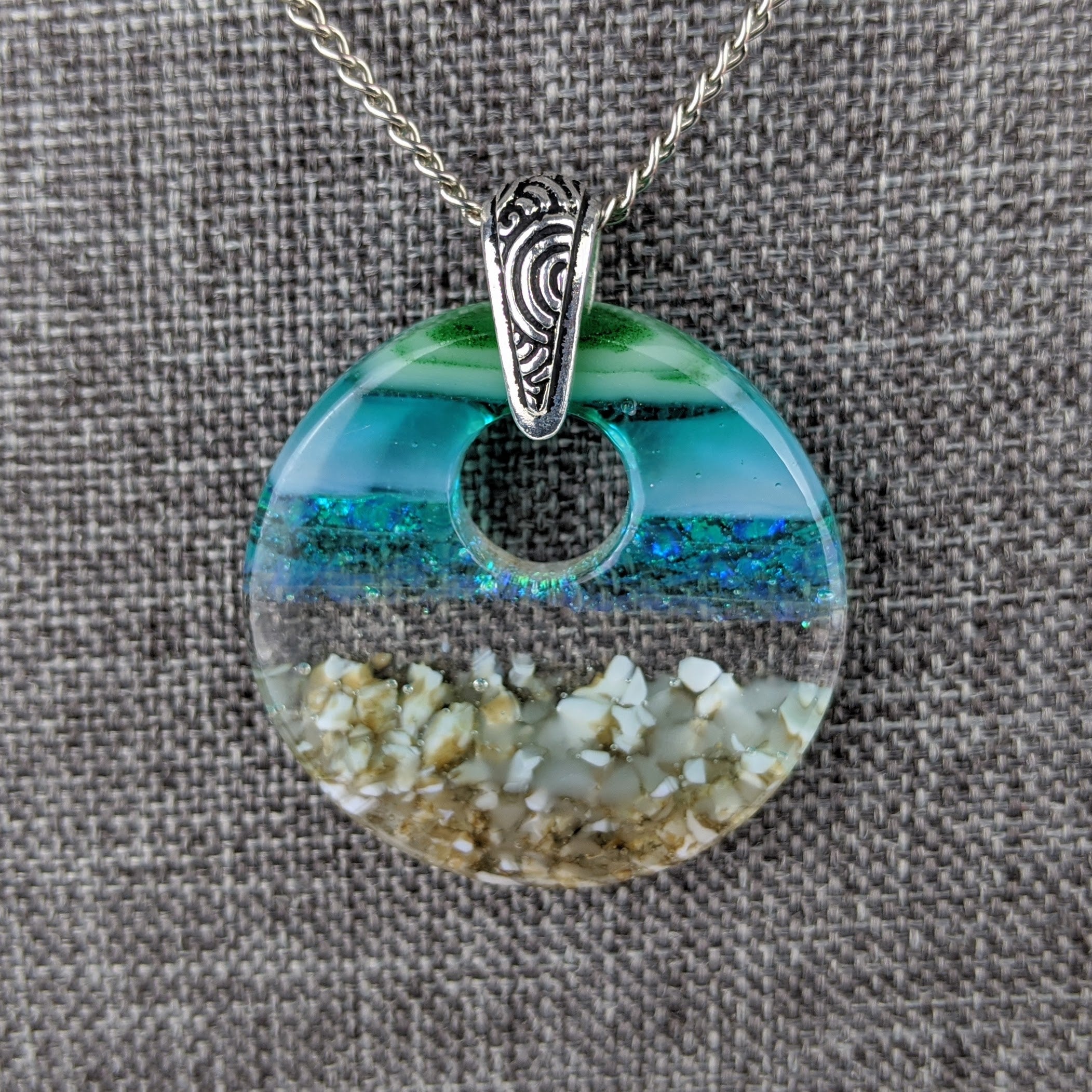Aqua Green Standard Fused Dichroic Glass Aquascape Round Necklace