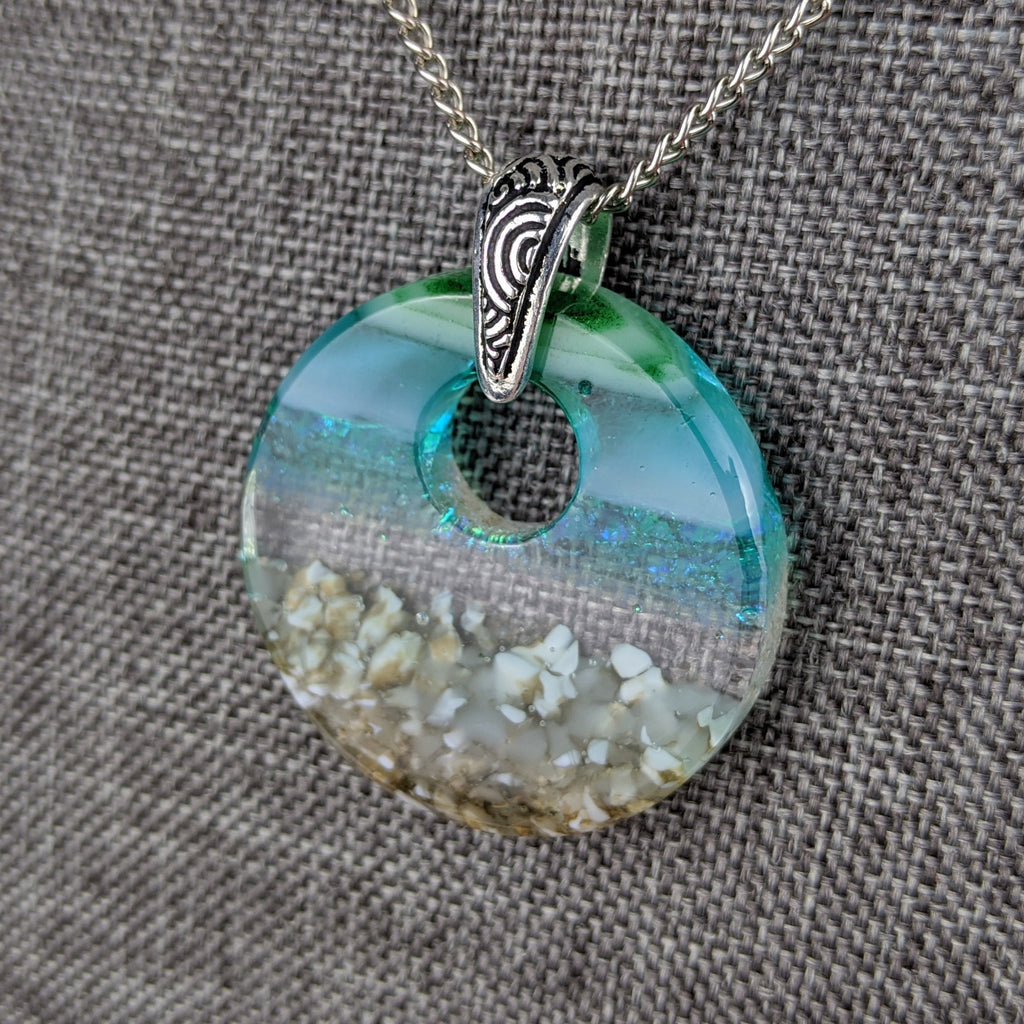 Aqua Green Standard Fused Dichroic Glass Aquascape Round Necklace