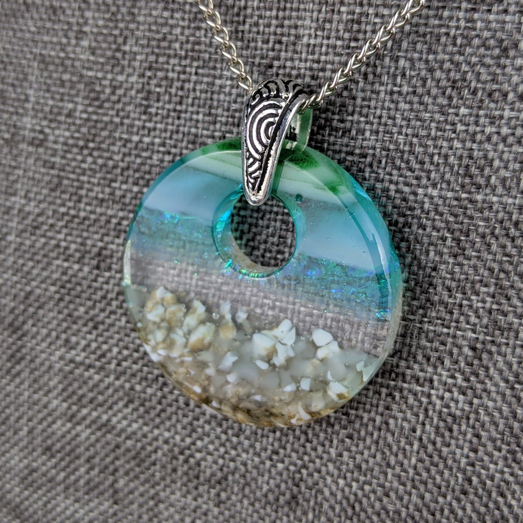 Aqua Green Standard Fused Dichroic Glass Aquascape Round Necklace