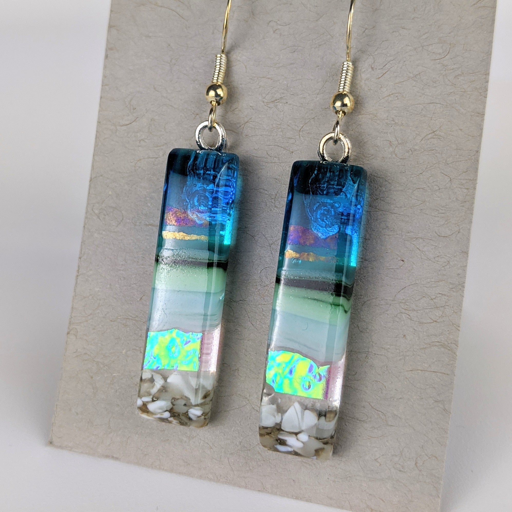 Aqua Green Shimmer Fused Dichroic Glass Aquascape Dangle Earrings