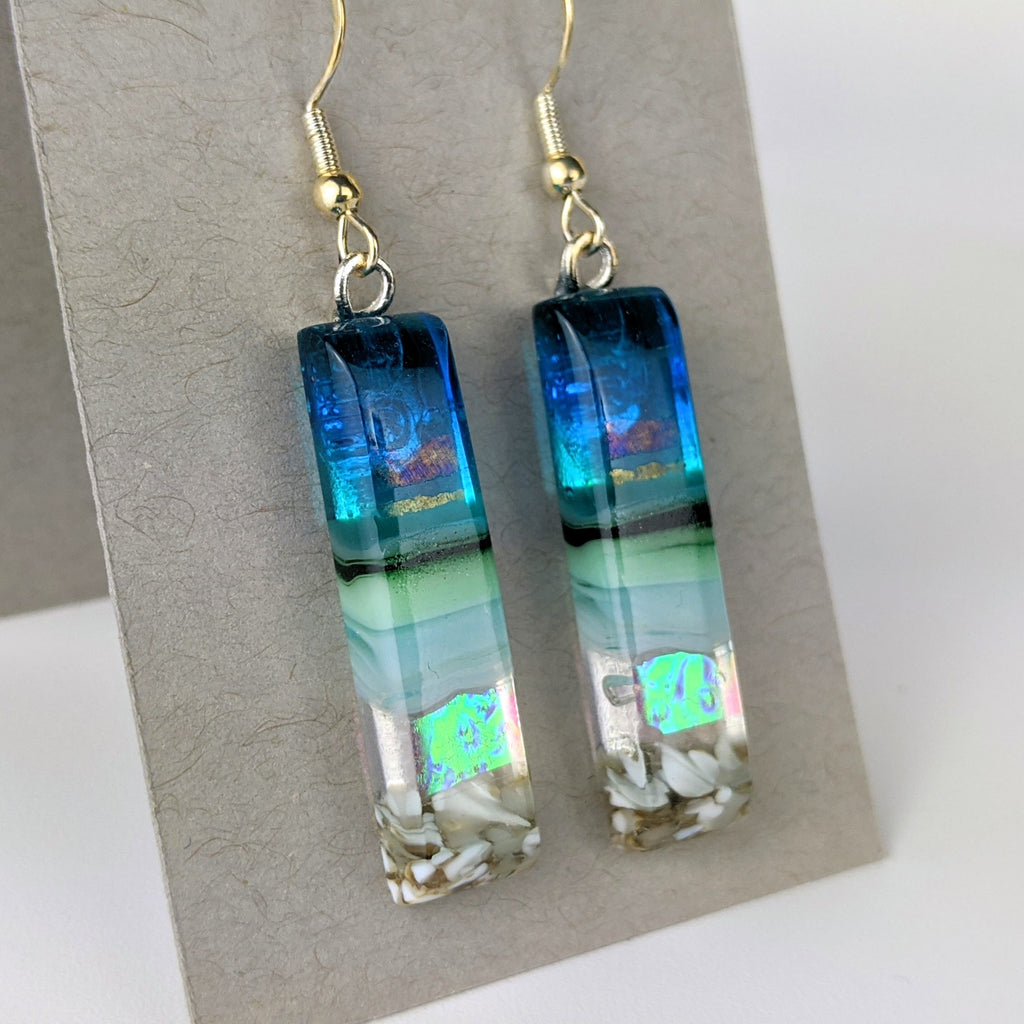 Aqua Green Shimmer Fused Dichroic Glass Aquascape Dangle Earrings