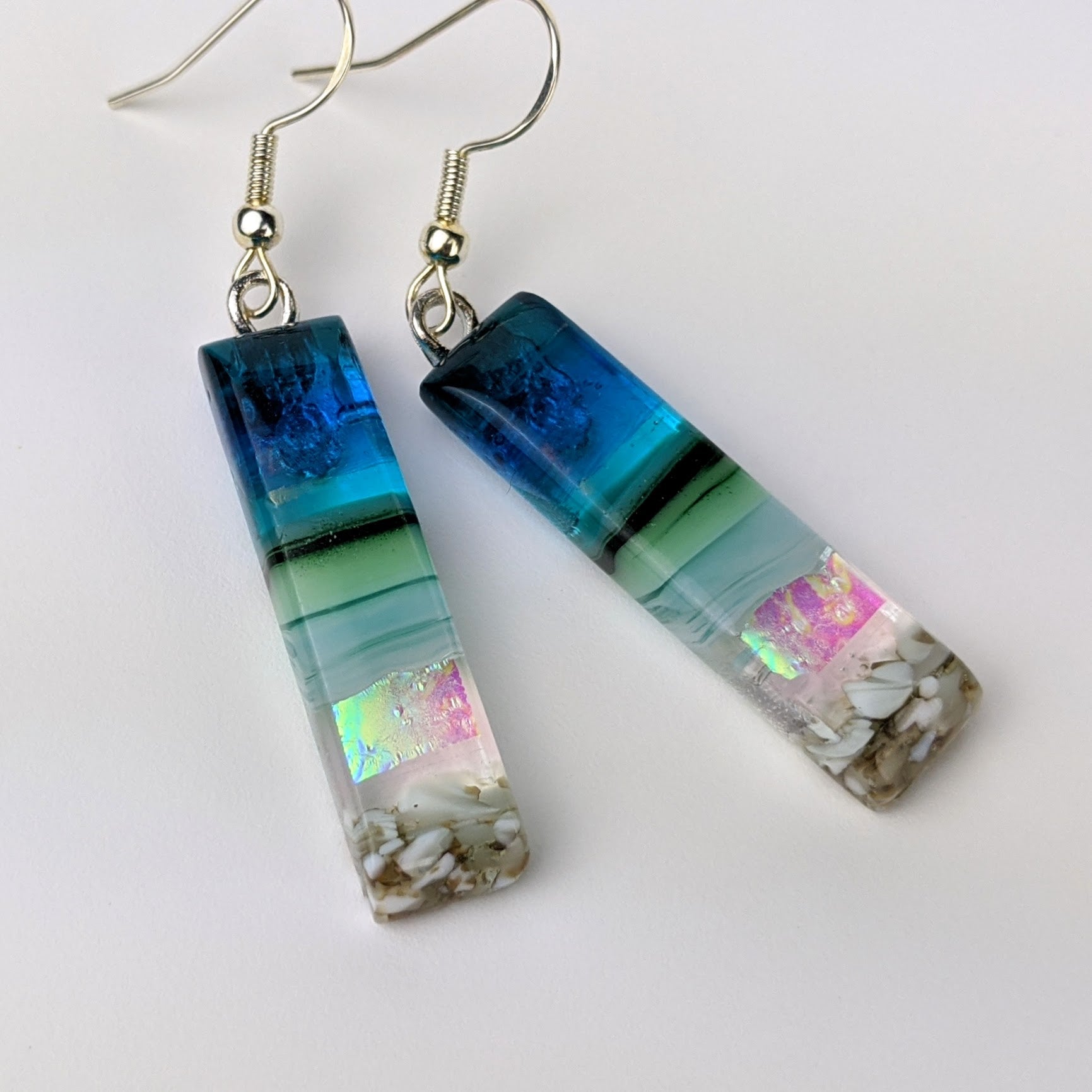 Aqua Green Shimmer Fused Dichroic Glass Aquascape Dangle Earrings
