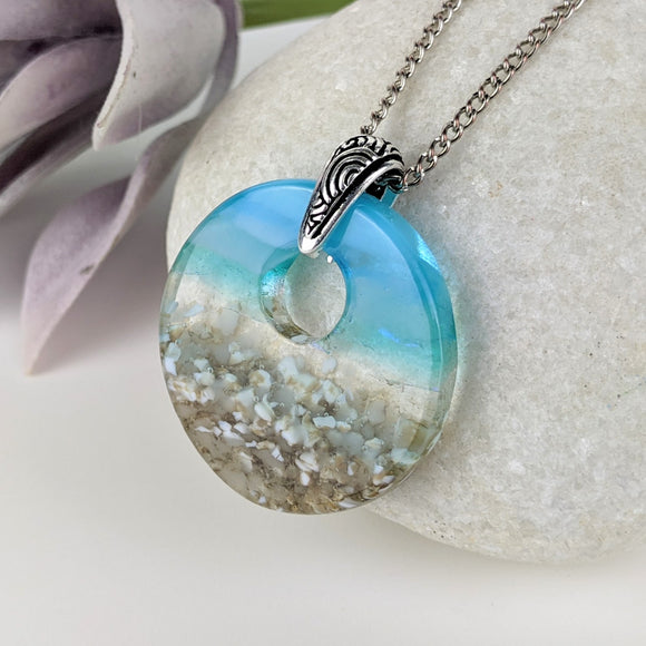 Light Aqua Turquoise Clear Blue Seascape, Handmade Fuse Dichroic Glass Round Necklace Pendant