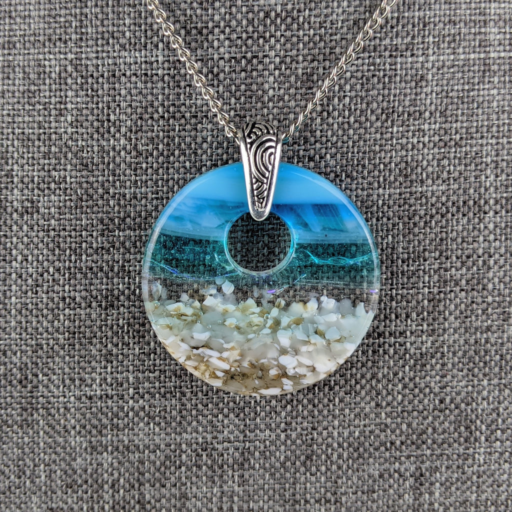 Light Aqua Turquoise Clear Blue Seascape, Handmade Fuse Dichroic Glass Round Necklace Pendant