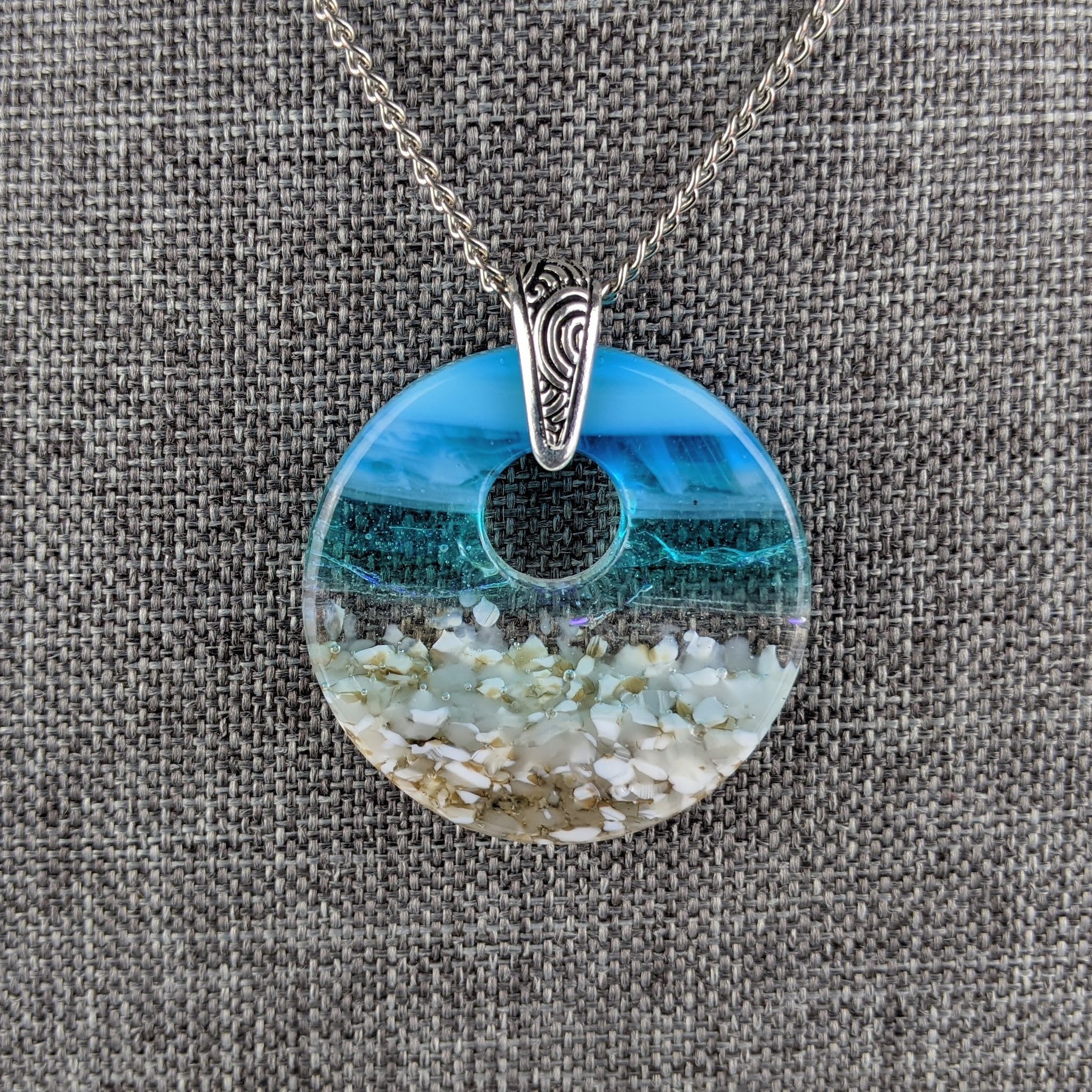 Cheapest Aqua Turquoise Blue Clear Round Seascape, Fused Sea Glass Style Ocean Beach Necklace, Dichroic Pendant