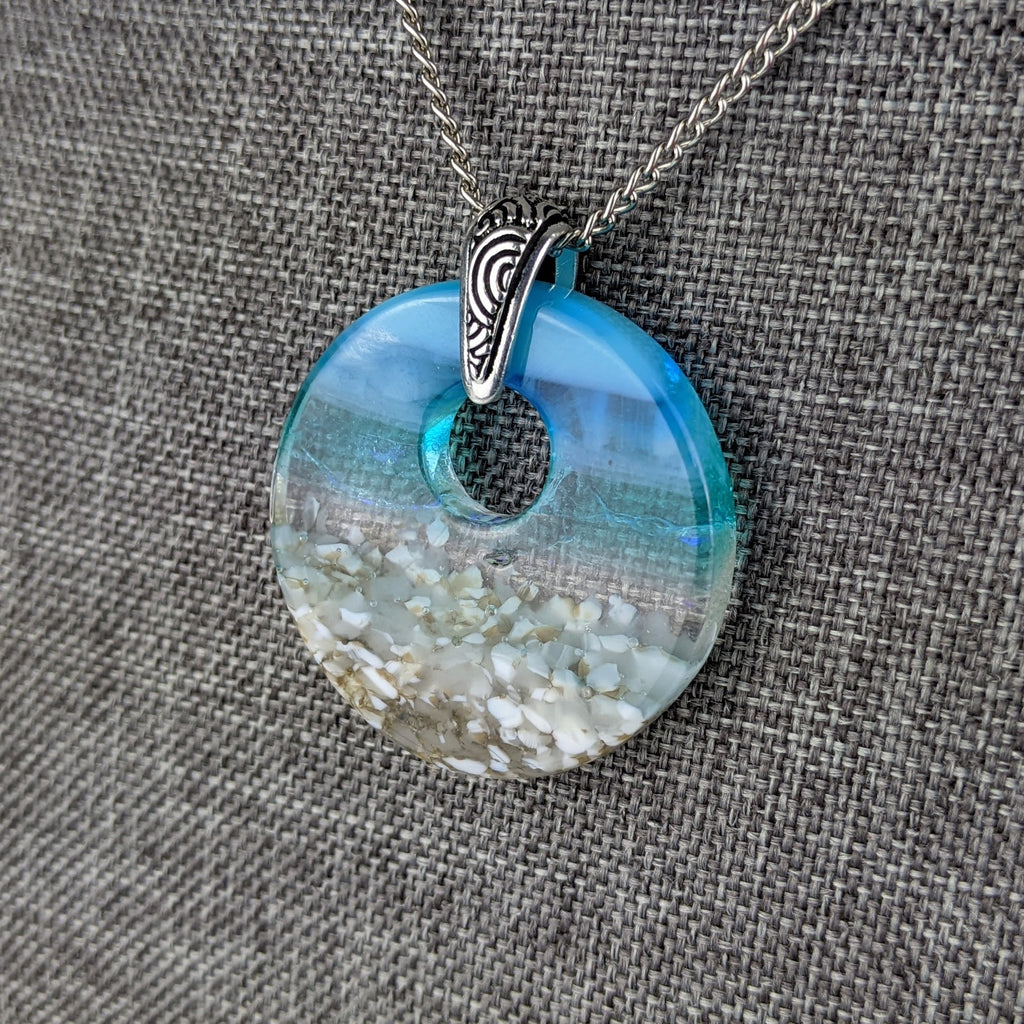 Light Aqua Turquoise Clear Blue Seascape, Handmade Fuse Dichroic Glass Round Necklace Pendant