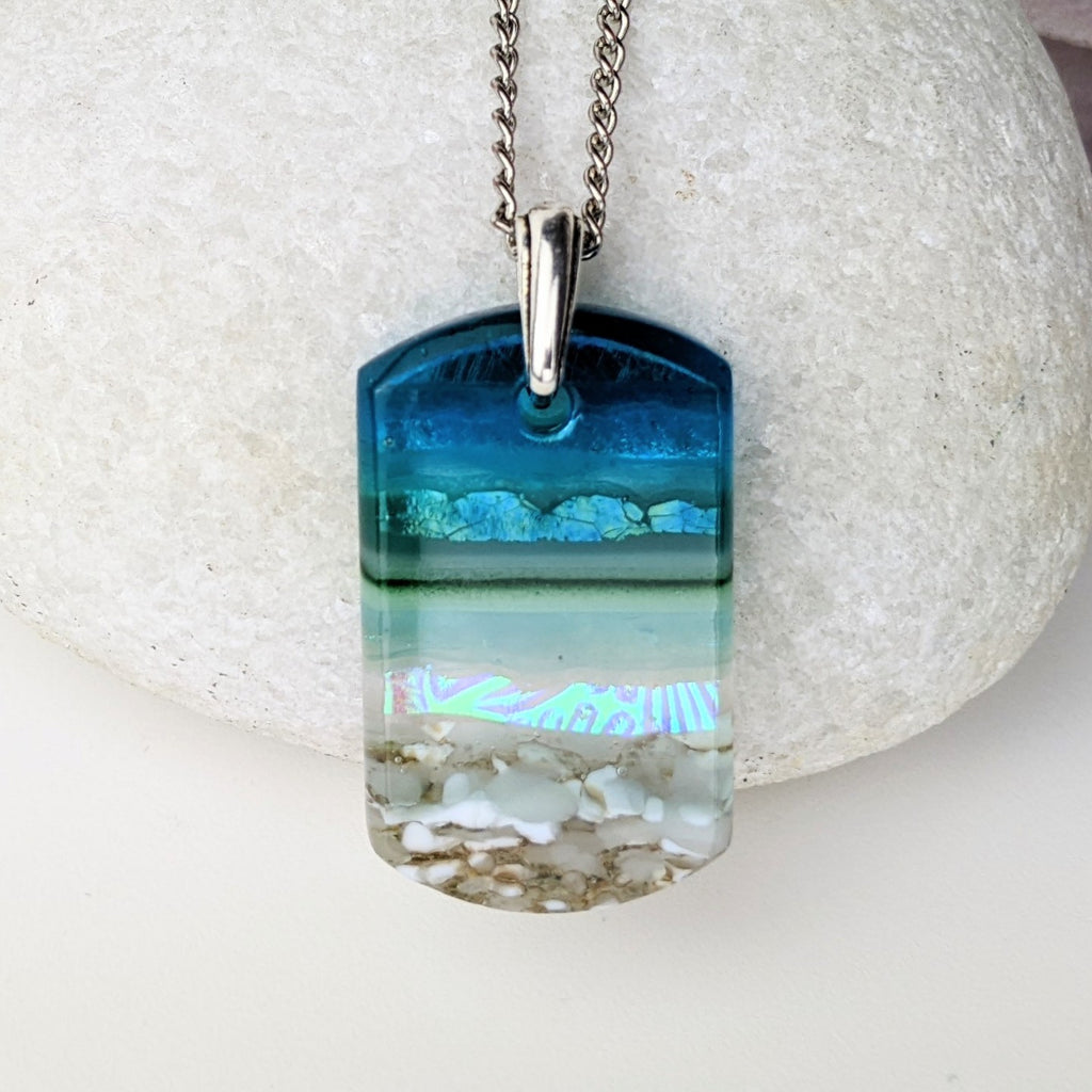 Aqua Green 1.5 Shimmer Fused Dichroic Glass Aquascape Necklace