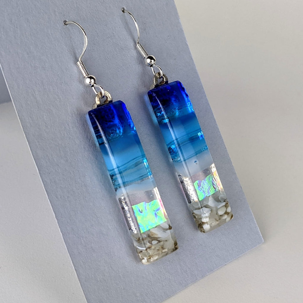 Bright Blue Shimmer Fused Dichroic Glass Aquascape Dangle Earrings