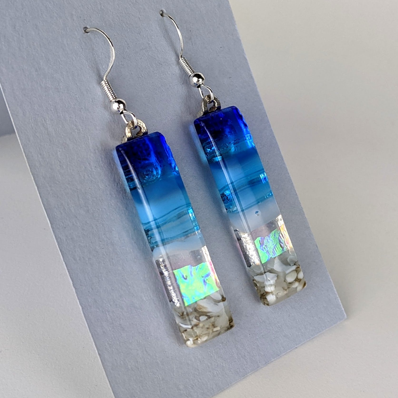 Bright Blue Shimmer Fused Dichroic Glass Aquascape Dangle Earrings