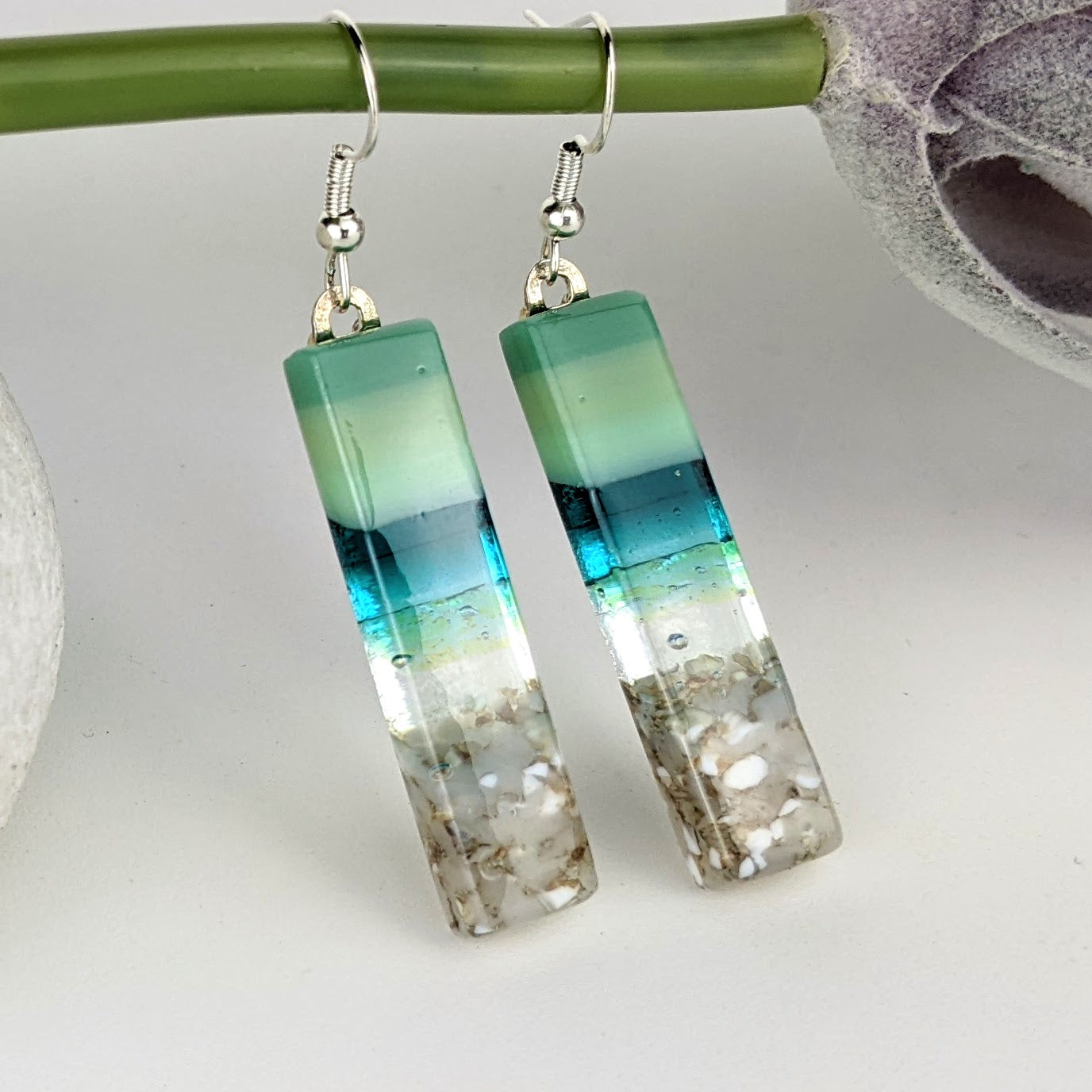 Jade Green Teal Fused Dichroic Glass Aquascape Dangle Earrings