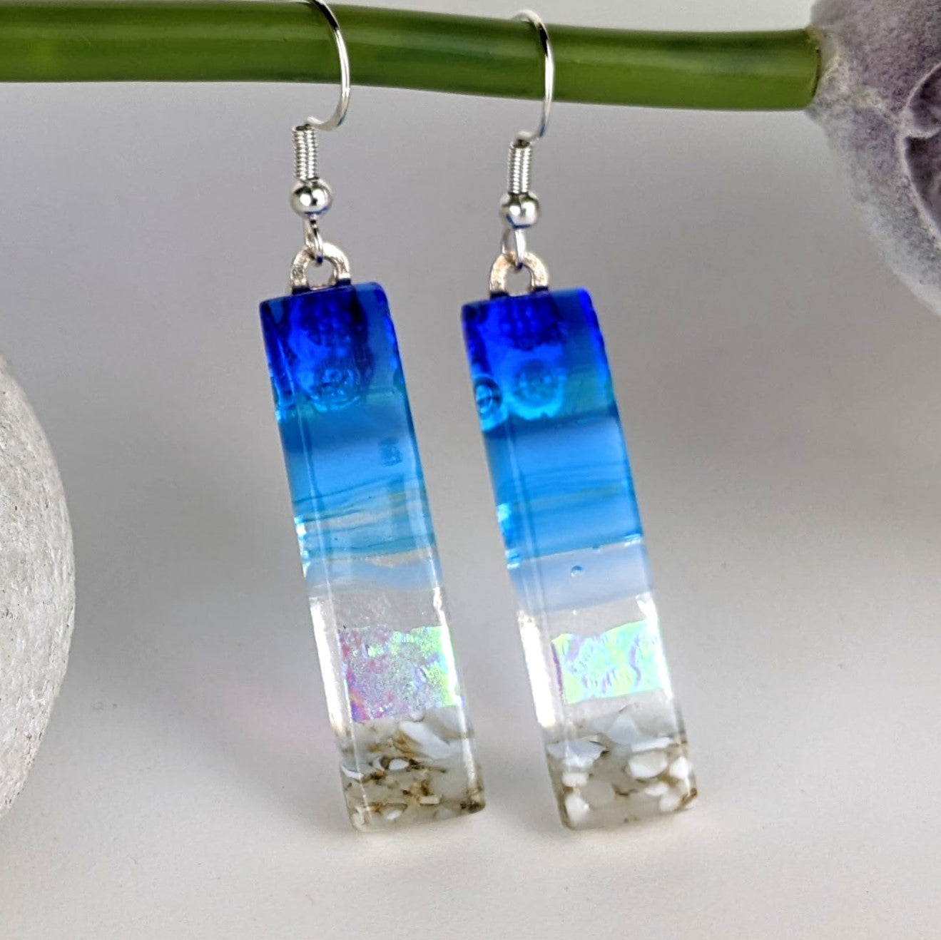Bright Blue Shimmer Fused Dichroic Glass Aquascape Dangle Earrings