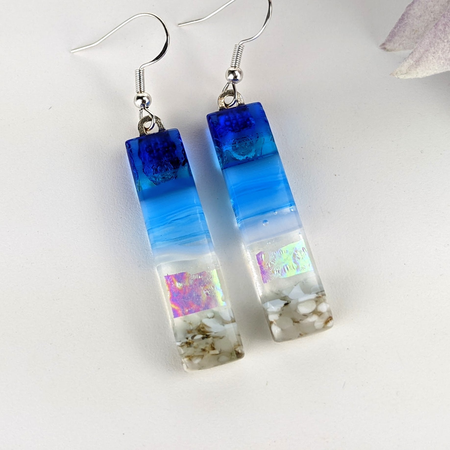 Bright Blue Shimmer Fused Dichroic Glass Aquascape Dangle Earrings