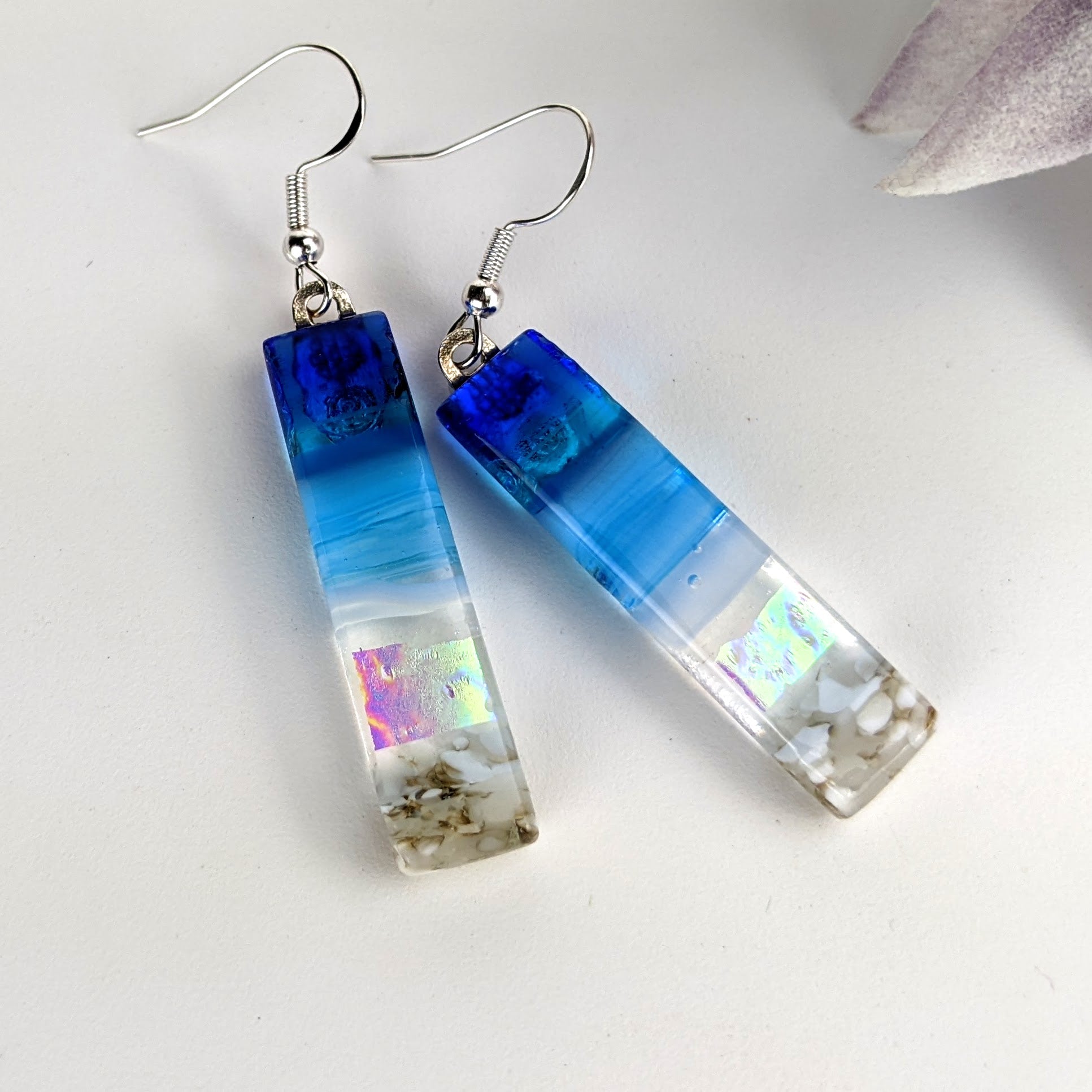 Bright Blue Shimmer Fused Dichroic Glass Aquascape Dangle Earrings