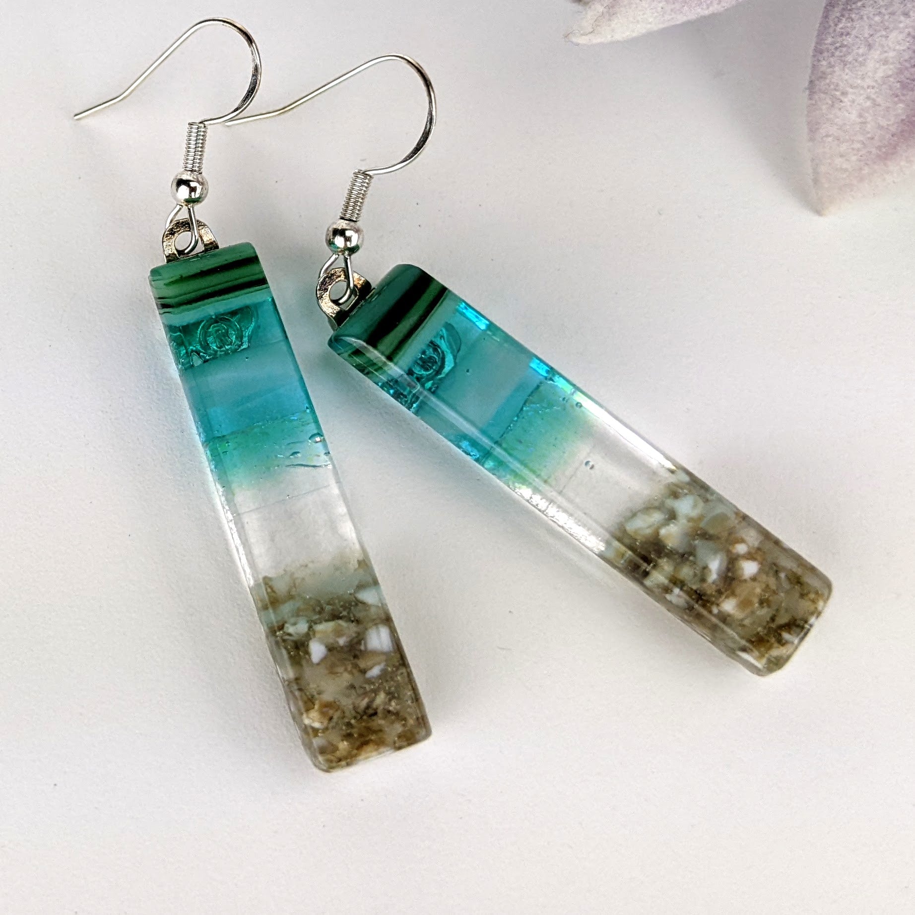 Clear Aqua Green Shimmer Fused Dichroic Glass Aquascape Dangle Earrings
