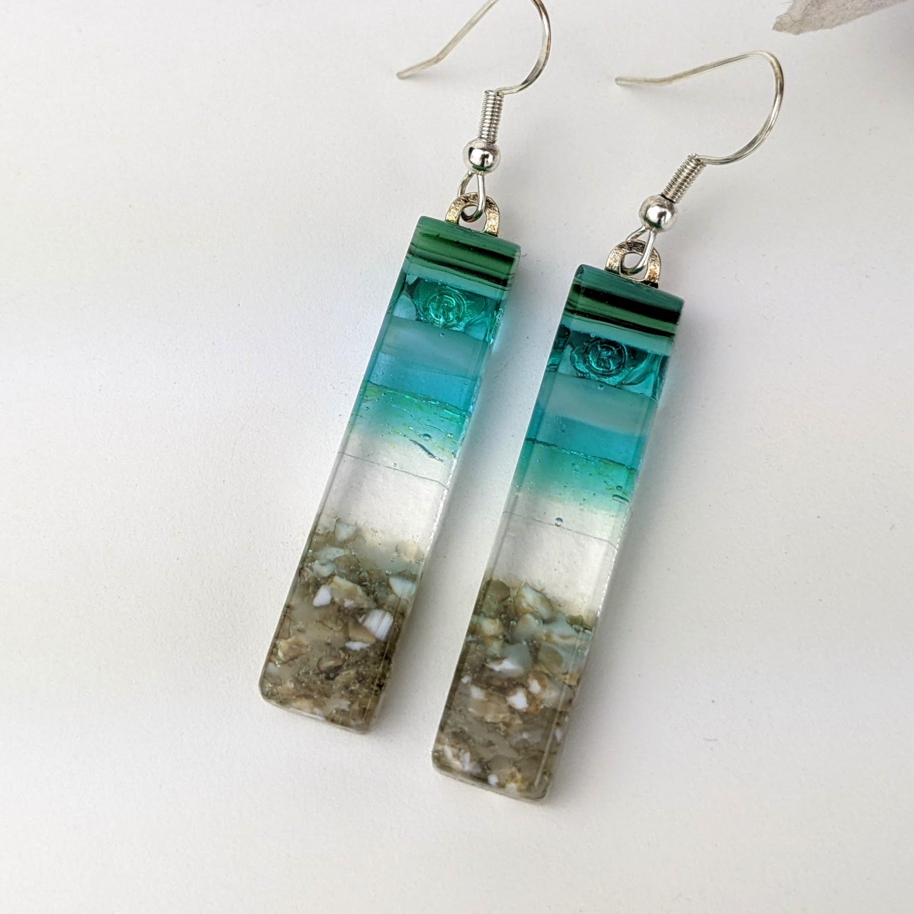 Clear Aqua Green Shimmer Fused Dichroic Glass Aquascape Dangle Earrings