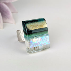 Green Aquascape Fused Glass Adjustable Cocktail Statement Ring