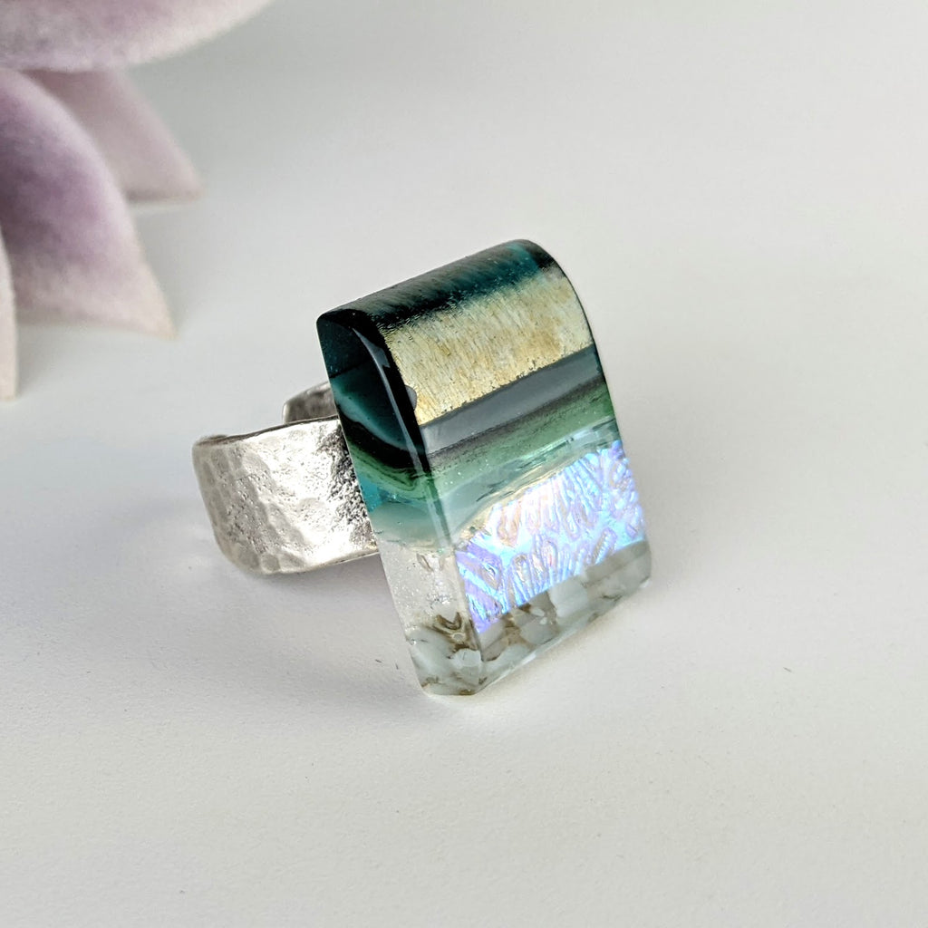 Green Aquascape Fused Glass Adjustable Cocktail Statement Ring