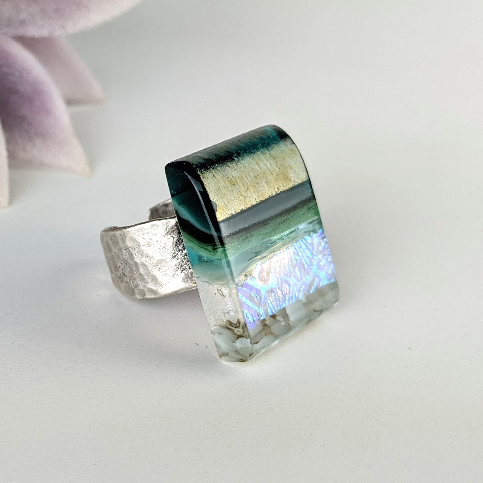 Green Aquascape Fused Glass Adjustable Cocktail Statement Ring