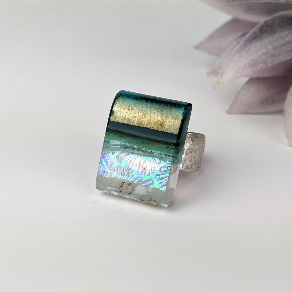 Green Aquascape Fused Glass Adjustable Cocktail Statement Ring