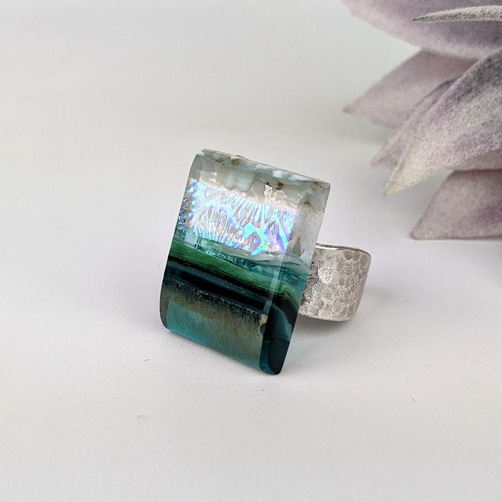 Green Aquascape Fused Glass Adjustable Cocktail Statement Ring