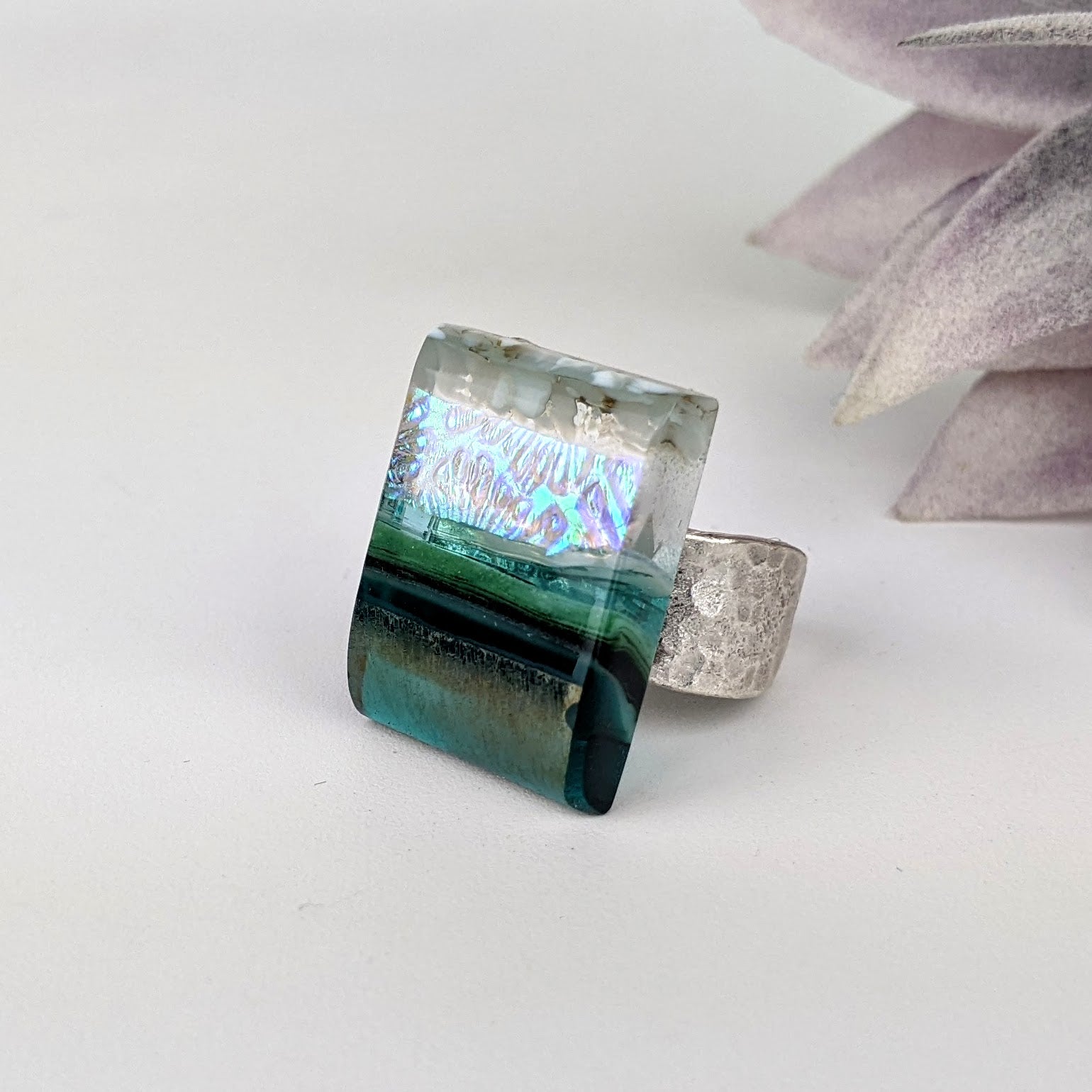Green Aquascape Fused Glass Adjustable Cocktail Statement Ring