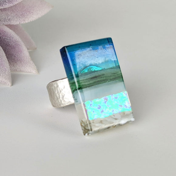 Aqua Green Shimmer Fused Dichroic Glass Aquascape Adjustable Ring