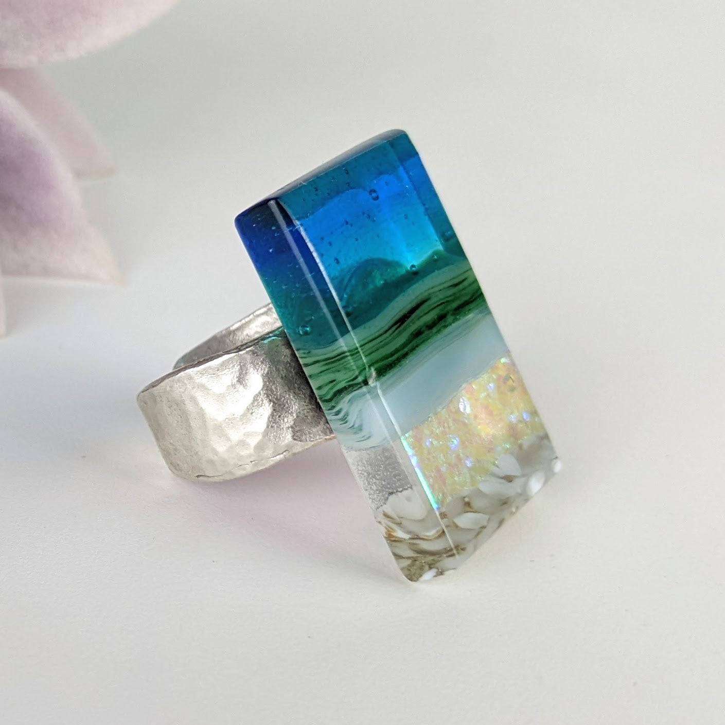 Blue Aquascape Fused Glass Adjustable Cocktail Statement Ring