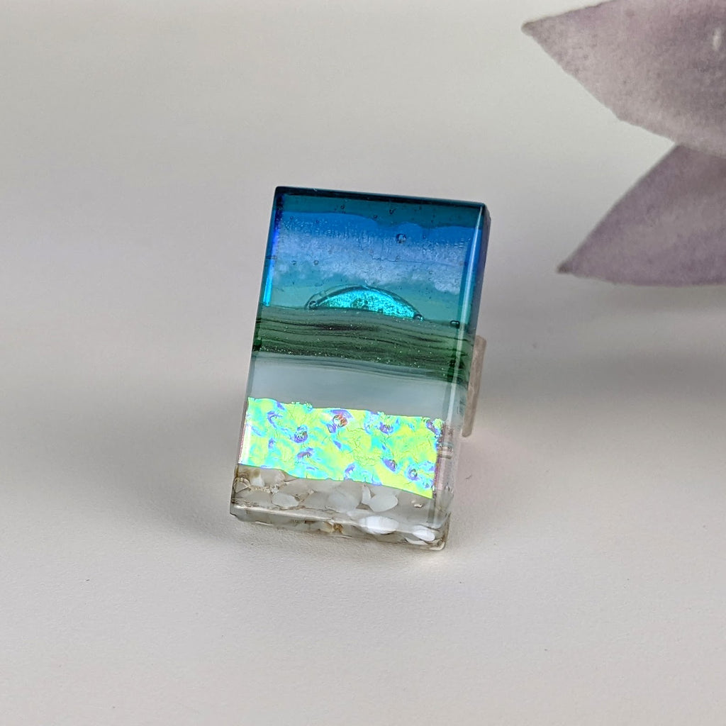 Aqua Green Shimmer Fused Dichroic Glass Aquascape Adjustable Ring