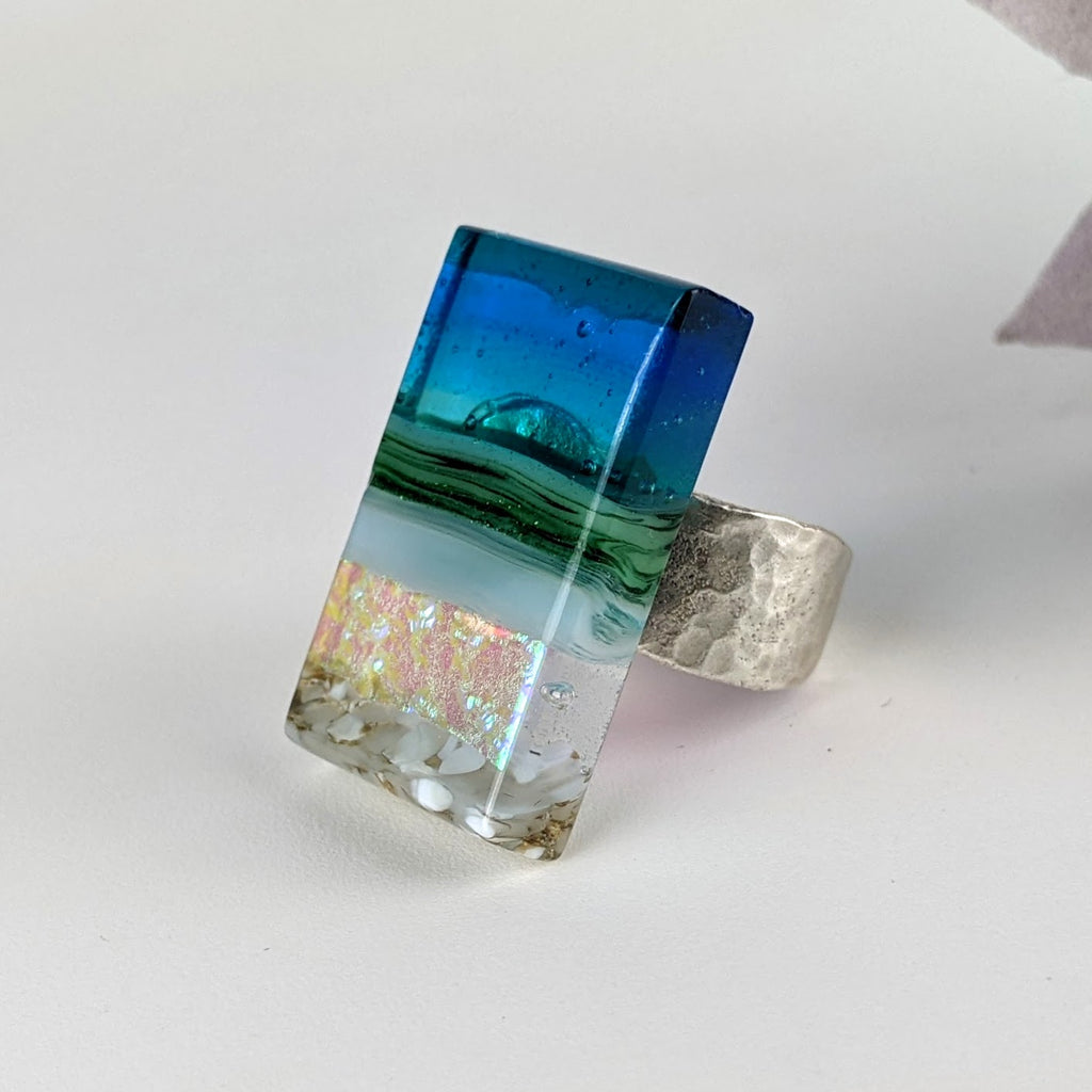 Blue Aquascape Fused Glass Adjustable Cocktail Statement Ring
