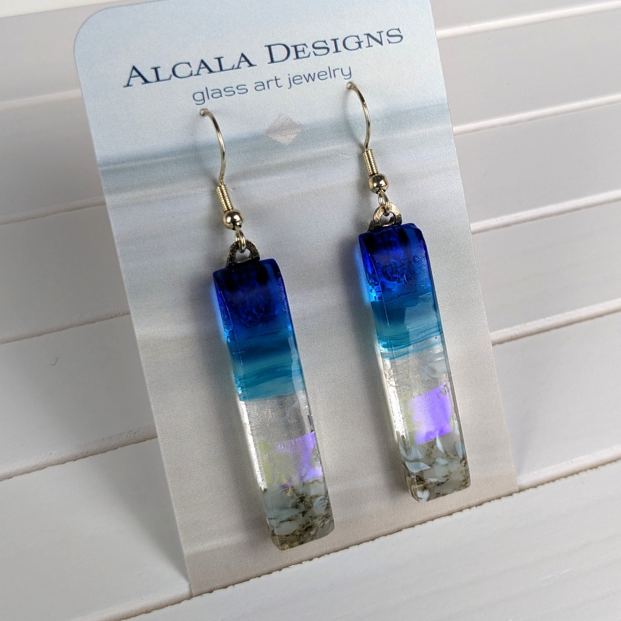 Bright Blue Shimmer Fused Dichroic Glass Aquascape Dangle Earrings